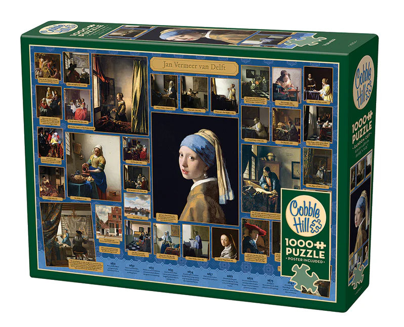 Puzzle Cobble Hill « Vermeer » 1000 pièces – reproduction de l’œuvre de Jan Vermeer van Delft, style fine art, puzzle en carton rigide à découpe aléatoire, finition imprimée sur lin, poster inclus, assemblage 67 × 49 cm, modélisme puzzle artistique haut de gamme.