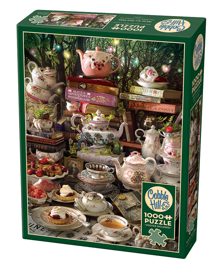 Image d’un casse‑tête de 1000 pièces illustrant une scène fantaisiste inspirée d’Alice au pays des merveilles, avec le loir niché dans une tasse de sucre, ambiance enchanteresse.