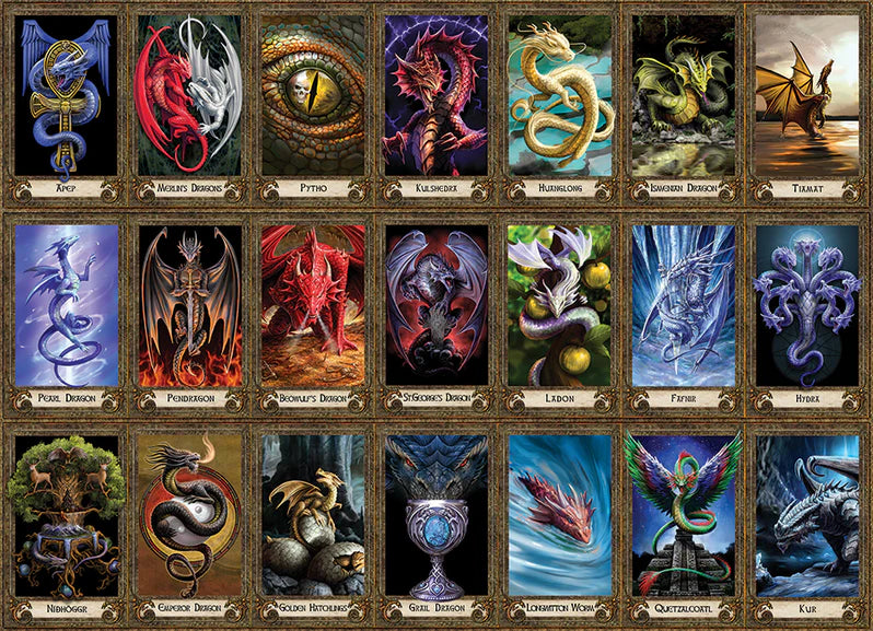 Puzzle 1000 pièces Oracle du Dragon – Univers RcLoisirs, illustration fantasy d’Anne Stokes pour Cobble Hill. 21 mini-scènes de dragons légendaires, des cracheurs de feu aux dragons de glace, avec leurs noms et détails artistiques. Cadeau idéal pour collectionneur et amateur de fantasy.