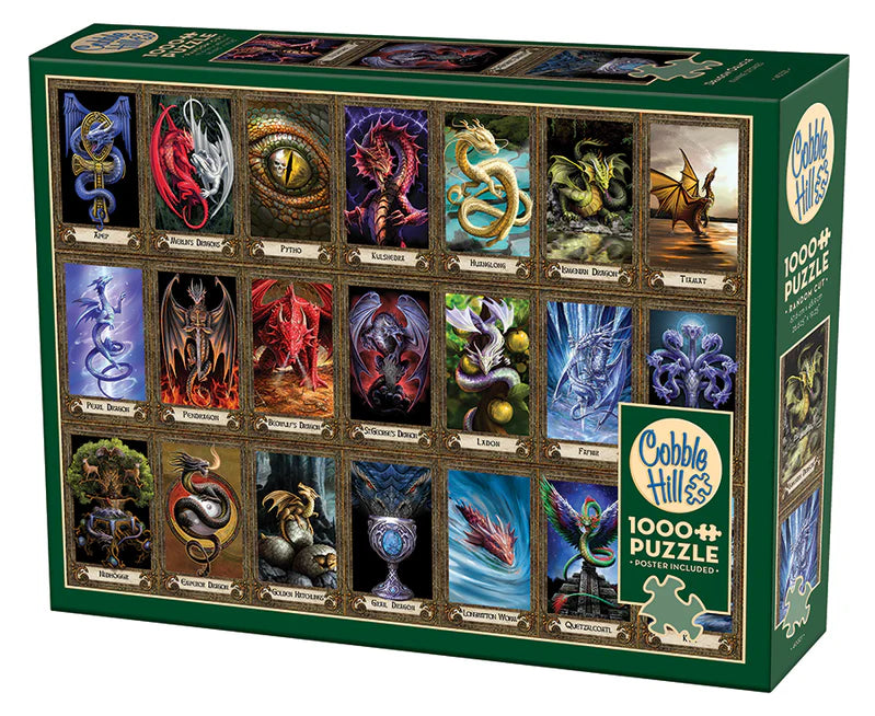 Puzzle 1000 pièces Oracle du Dragon – Univers RcLoisirs, illustration fantasy d’Anne Stokes pour Cobble Hill. 21 mini-scènes de dragons légendaires, des cracheurs de feu aux dragons de glace, avec leurs noms et détails artistiques. Cadeau idéal pour collectionneur et amateur de fantasy.