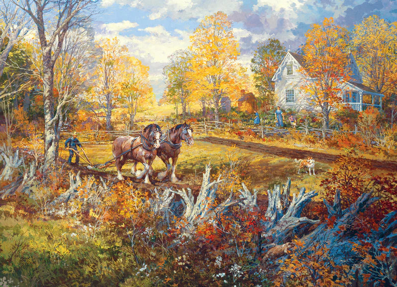 Casse-tête Cobble Hill “Nouveau départ” de 1000 pièces représentant une scène de ferme automnale avec chevaux, chien et champs labourés, œuvre de Peter Etril Snyder.