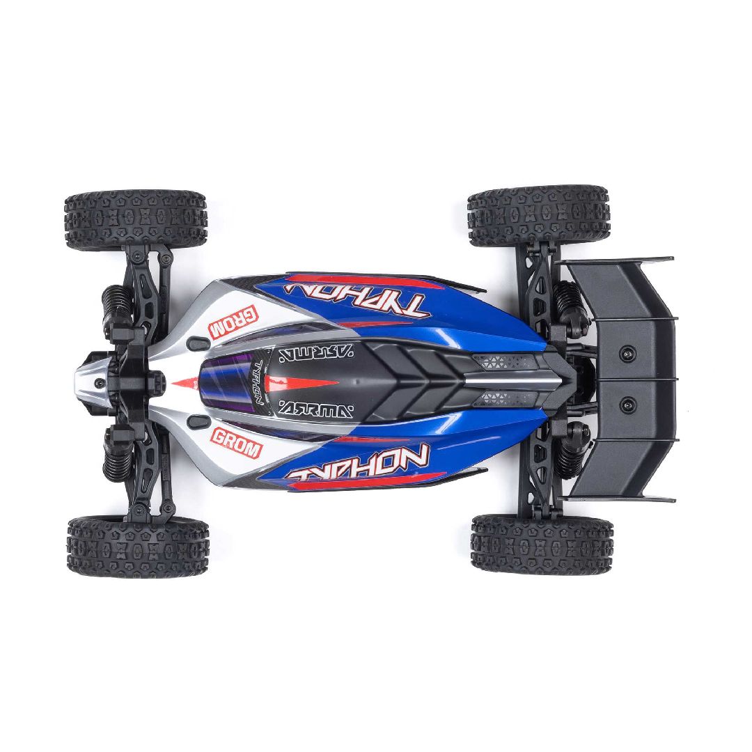 ARRMA Typhon Grom ARA2106 buggy 1/14 RTR brushed 4WD, tout-terrain compact avec moteur Spektrum 390, ESC 2-en-1 étanche, batterie et chargeur inclus, univers RcLoisirs.