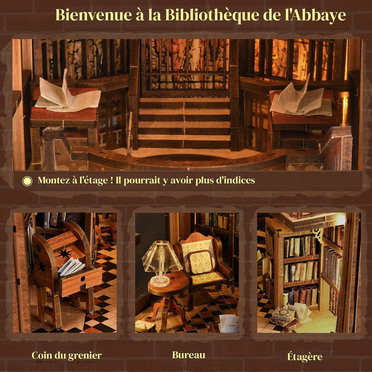 Abbey Library – Book Nook miniature 3D bois avec LED – Univers RcLoisirs