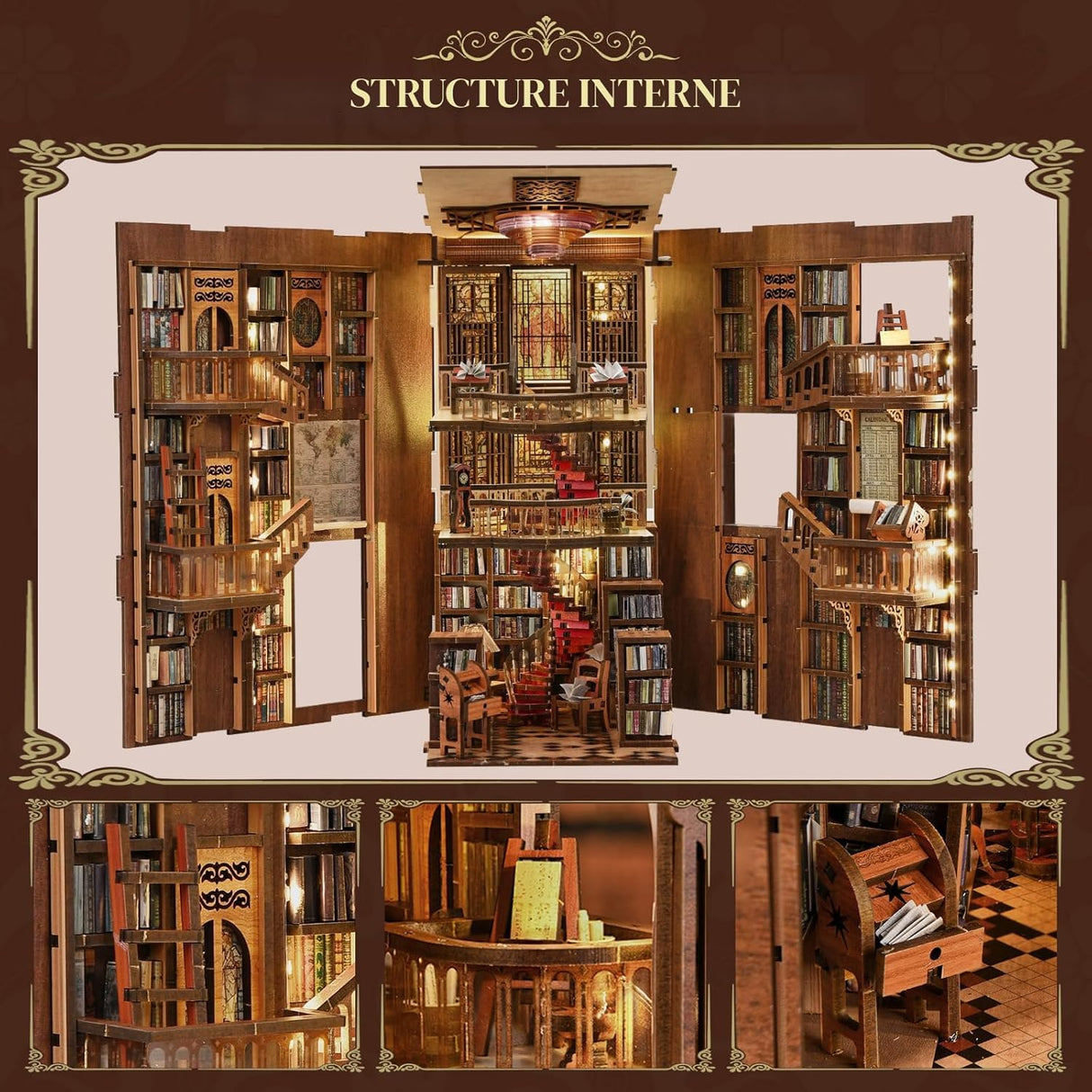 Abbey Library – Book Nook miniature 3D bois avec LED – Univers RcLoisirs