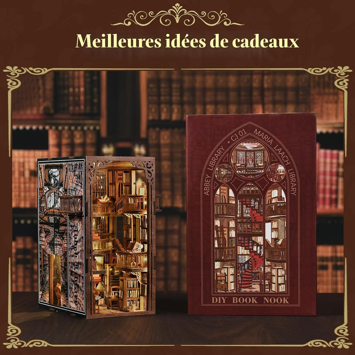 Abbey Library – Book Nook miniature 3D bois avec LED – Univers RcLoisirs