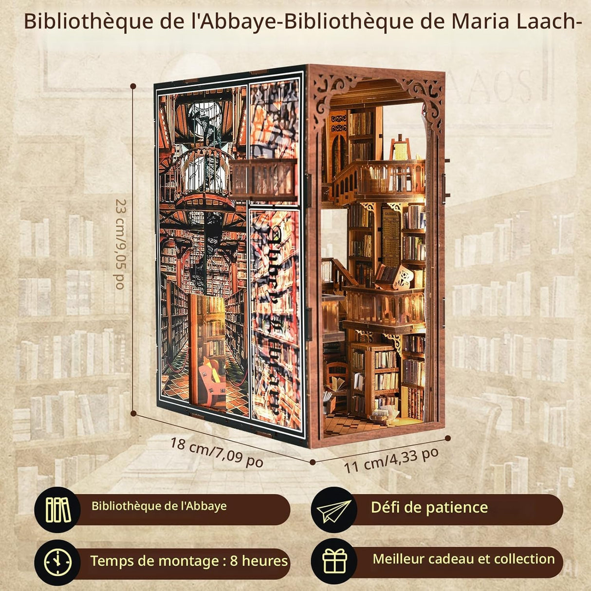 Abbey Library – Book Nook miniature 3D bois avec LED – Univers RcLoisirs