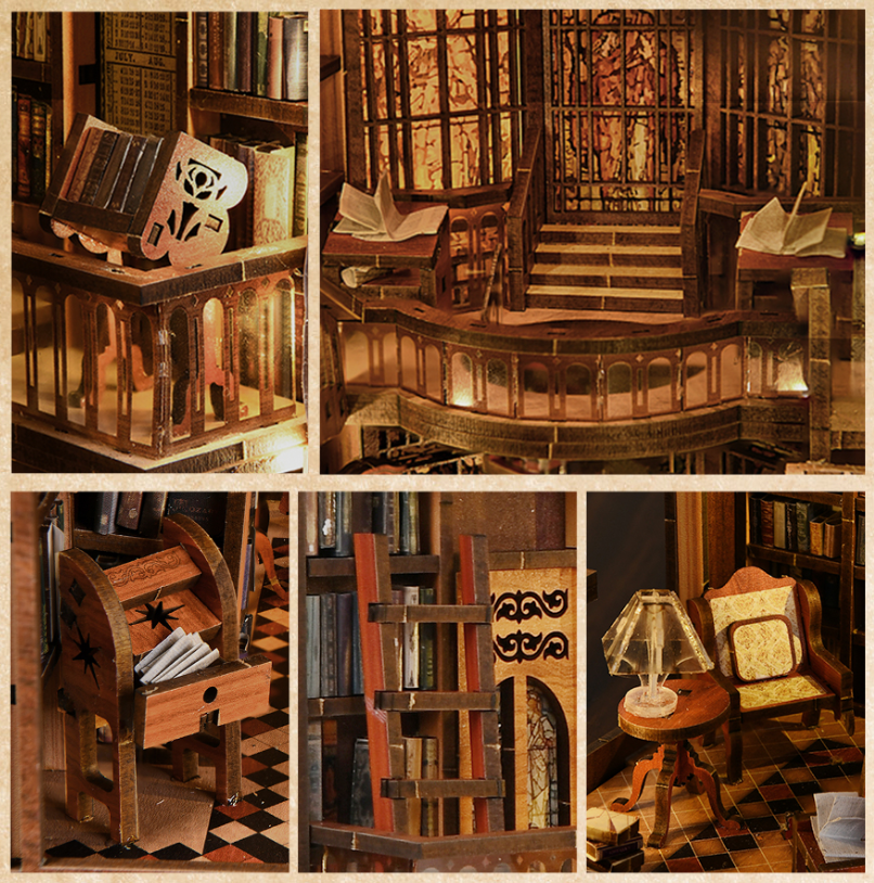 Abbey Library – Book Nook miniature 3D bois avec LED – Univers RcLoisirs