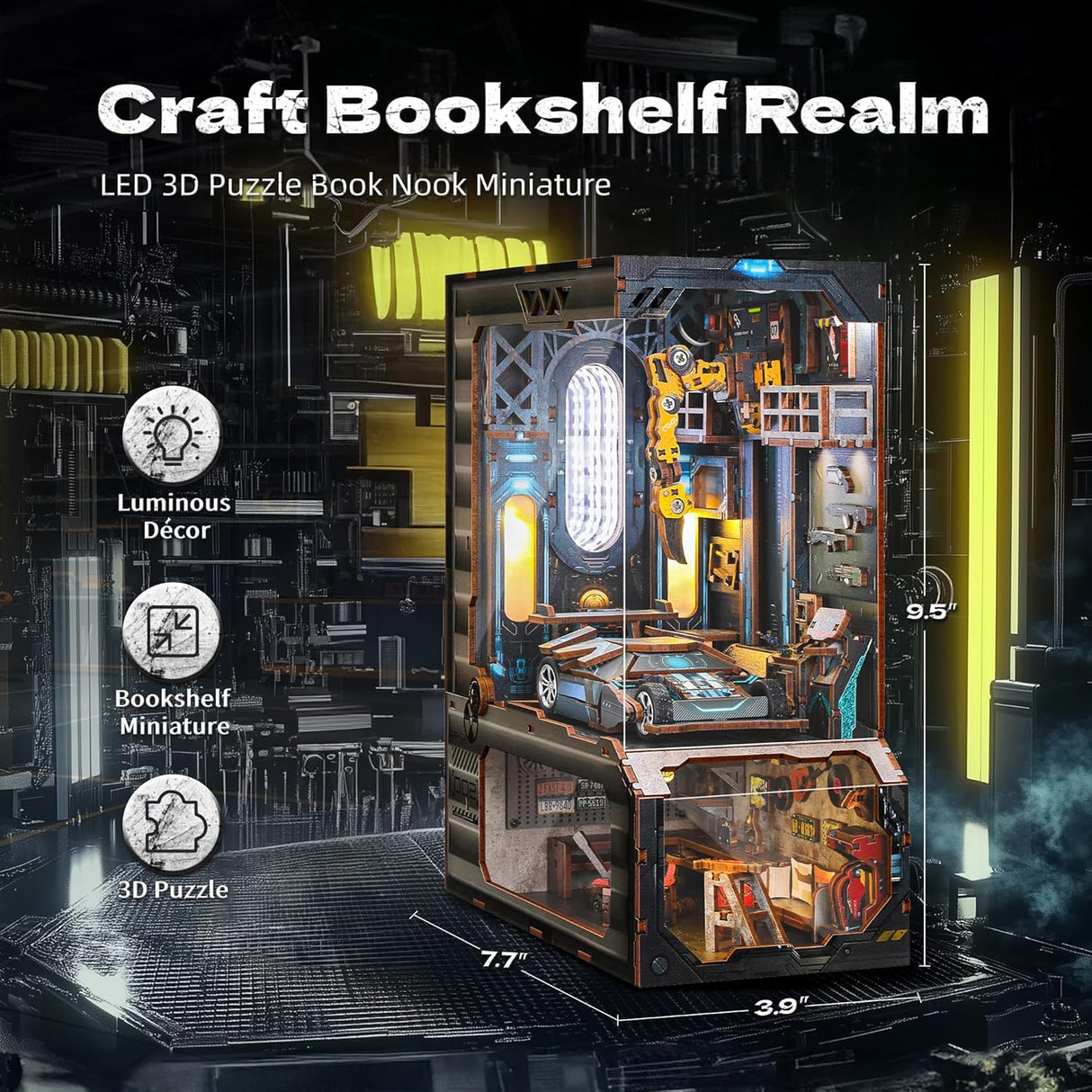 Atelier automobile – Book Nook 3D en bois – Éclairage LED - Univers RcLoisirs