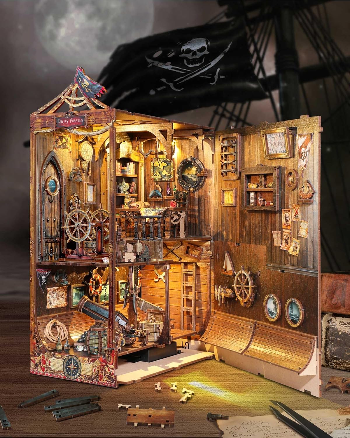 Book Nook 3D – Antre du pirate – En bois avec éclairage LED – Univers RcLoisirs