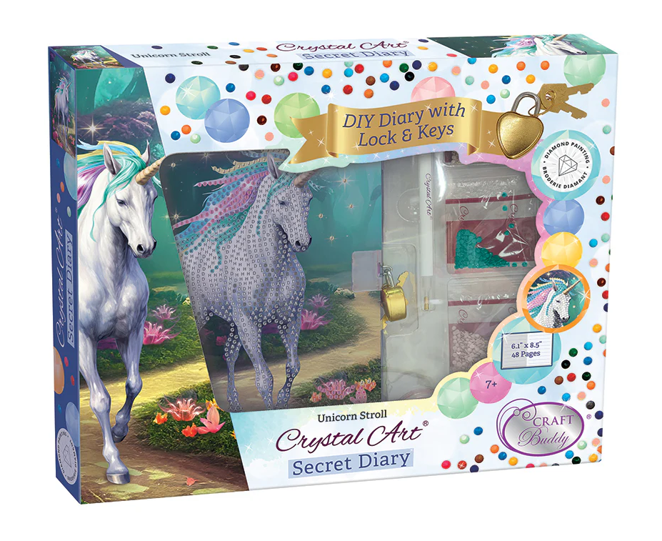 Journal intime licorne en peinture diamant, kit créatif complet avec strass colorés et accessoires, activité artistique et personnalisée pour enfants et passionnés de loisirs créatifs.