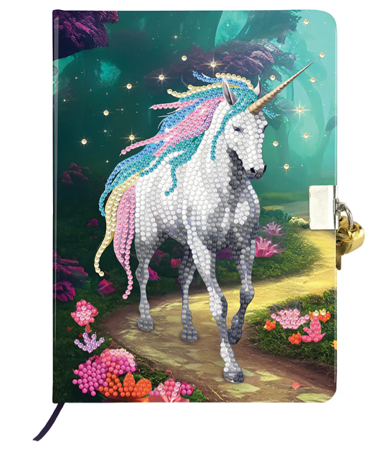Journal intime licorne en peinture diamant, kit créatif complet avec strass colorés et accessoires, activité artistique et personnalisée pour enfants et passionnés de loisirs créatifs.
