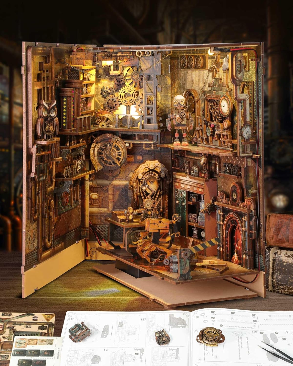 Coin Steampunk – Book Nook miniature 3D bois avec LED – Univers RcLoisirs