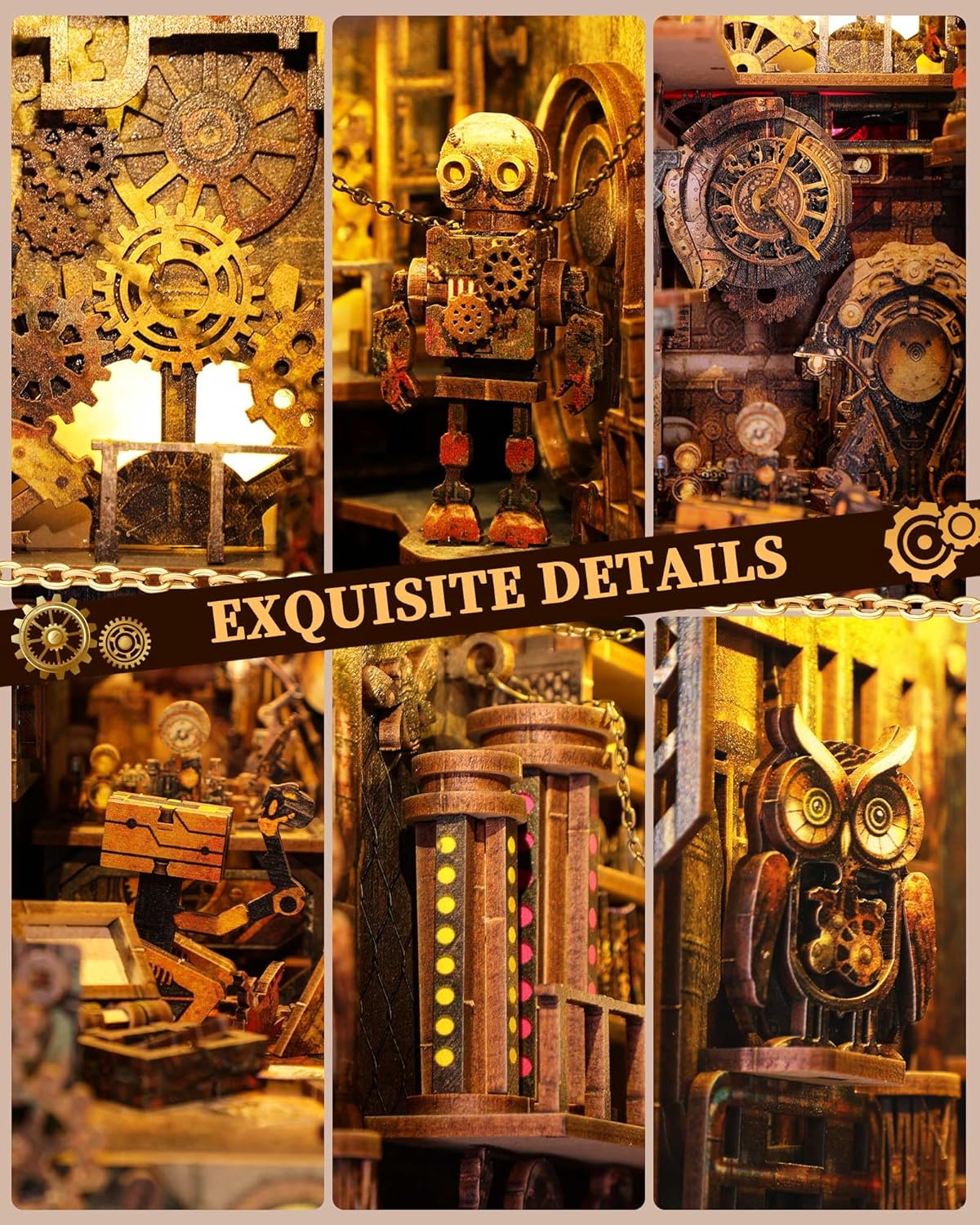 Coin Steampunk – Book Nook miniature 3D bois avec LED – Univers RcLoisirs