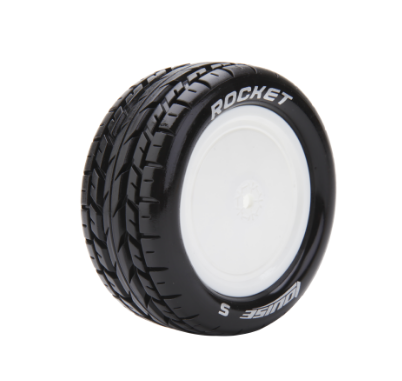 LOULT-3188SWKR pneus Louise RC E-Rocket Soft arriere pour buggy 1/10 4WD, precolles sur jantes blanches avec hexagone 12 mm et inserts inclus.