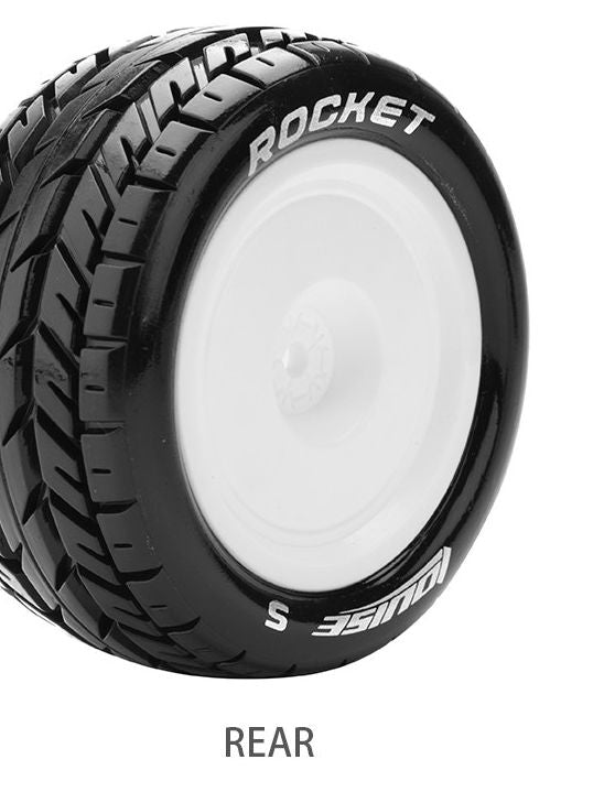 LOULT3188SWKR pneus Louise RC E-Rocket Soft arrière pour buggy 1/10 4WD. Montés et collés sur jantes blanches 2.2 po avec hexagone 12 mm et inserts en mousse.