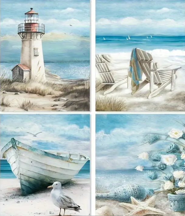 Sérénité sur la plage – (ensemble de 4) 25x30cm – Diamants Ronds