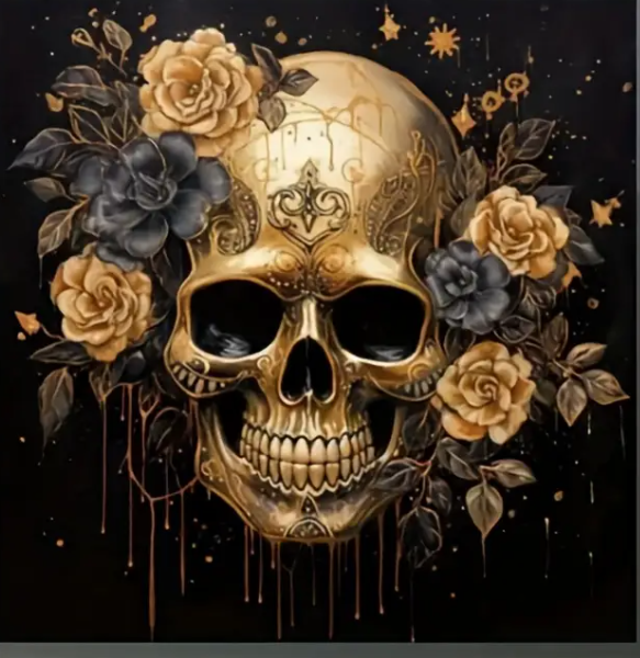 Crâne doré - 30×30cm – Diamants Ronds