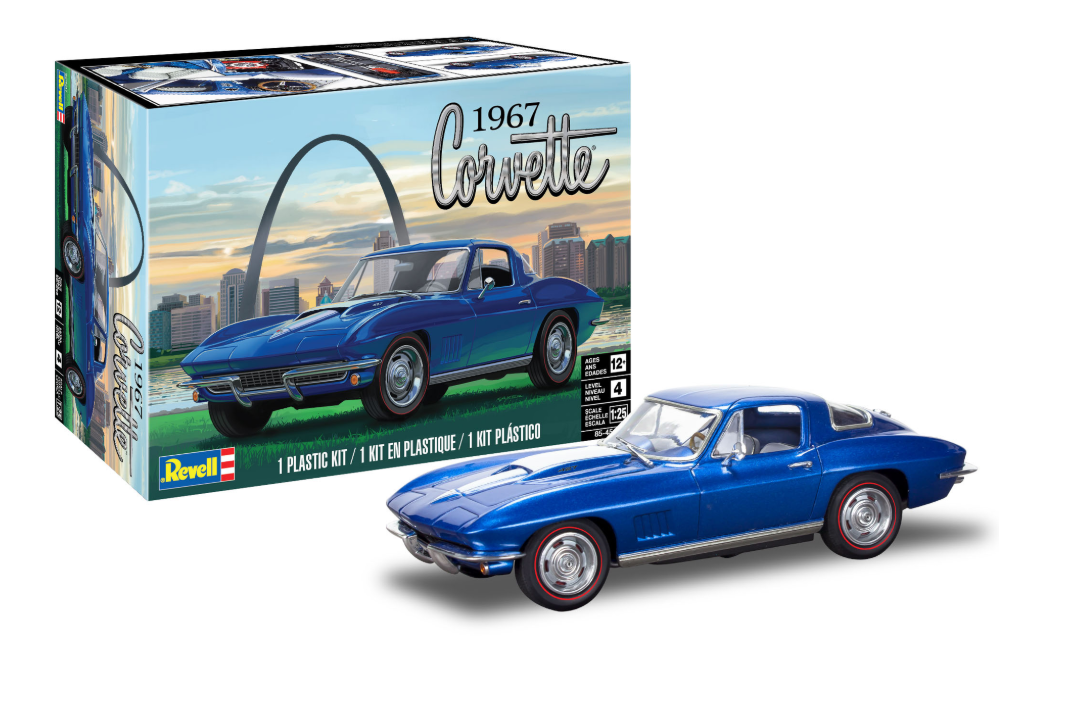 Revell 854517 / 85-4517 – 1967 Corvette Sting Ray Sport Coupé 2’n1 – maquette 1/25, V8 427 détaillé, capot ouvrant, pièces chromées et pneus souples