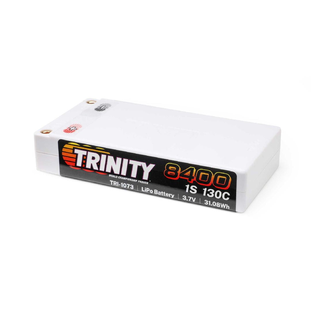 TRI-1073 batterie LiPo Trinity 3.7V 8400mAh 130C shorty avec connecteurs 5mm pour performance maximale en RC piste 1S.