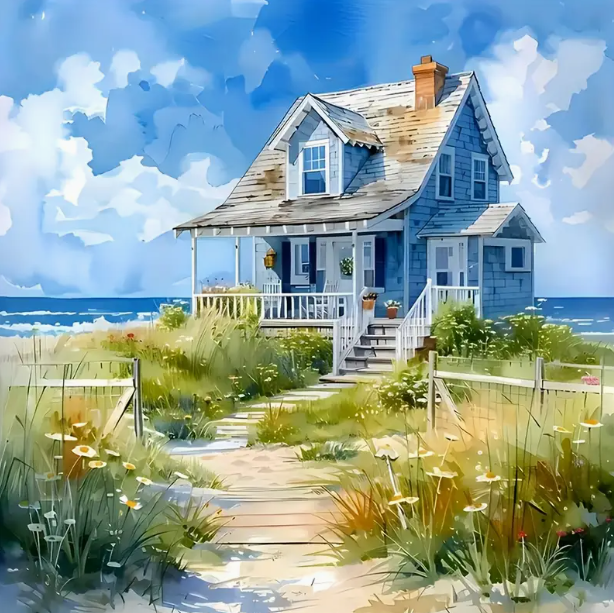 Maison sur mer – 40x40cm – Diamants Ronds