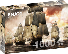 Puzzle 1000 pièces – Victoire des pirates – Enjoy – scène navale historique avec bataille en mer, navires à voiles, pavillon pirate, canons en action, décor maritime, ciel orageux, atmosphère d’aventure, casse-tête de collection, Univers RcLoisirs