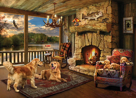 Image d'une cabane au bord d’un lac entourée de forêt, avec deux chiens couchés sur le quai au coucher du soleil – illustration du casse-tête Lakeside Cabin de 1000 pièces.