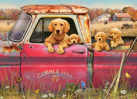 Casse-tête Cobble Hill – La Ferme – 1000 pièces. Illustration champêtre de Greg Giordano montrant un camion vintage rouillé avec une chienne et ses chiots, entourés d’oiseaux et de papillons. Scène rurale pleine de charme, imprimée sur carton rigide avec finition lin, dimensions assemblées 26,6 × 19,2 po, découpe aléatoire pour une expérience unique.