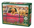 Casse-tête Cobble Hill – La Ferme – 1000 pièces. Illustration champêtre de Greg Giordano montrant un camion vintage rouillé avec une chienne et ses chiots, entourés d’oiseaux et de papillons. Scène rurale pleine de charme, imprimée sur carton rigide avec finition lin, dimensions assemblées 26,6 × 19,2 po, découpe aléatoire pour une expérience unique.