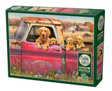 Casse-tête Cobble Hill – La Ferme – 1000 pièces. Illustration champêtre de Greg Giordano montrant un camion vintage rouillé avec une chienne et ses chiots, entourés d’oiseaux et de papillons. Scène rurale pleine de charme, imprimée sur carton rigide avec finition lin, dimensions assemblées 26,6 × 19,2 po, découpe aléatoire pour une expérience unique.
