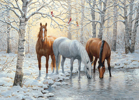 Casse-tête Cobble Hill de 1000 pièces représentant trois chevaux paisibles entourés de cardinaux rouges dans un décor enneigé, illustré par Persis Clayton Weirs.