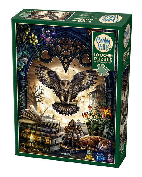 Puzzle 1000 pièces L’invocation – Univers RcLoisirs, œuvre artistique de Sarah Richter éditée par Cobble Hill. Scène nocturne au décor gothique et mystérieux : chat noir, bougie, livres anciens, potion magique, pierres tombales, pleine lune. Idéal comme cadeau pour amateur de frissons et univers fantastique, parfait pour l’ambiance Halloween.