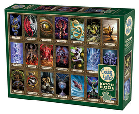 Puzzle 1000 pièces Oracle du Dragon – Univers RcLoisirs, illustration fantasy d’Anne Stokes pour Cobble Hill. 21 mini-scènes de dragons légendaires, des cracheurs de feu aux dragons de glace, avec leurs noms et détails artistiques. Cadeau idéal pour collectionneur et amateur de fantasy.