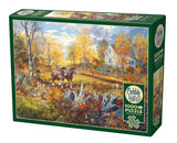 Casse-tête Cobble Hill “Nouveau départ” de 1000 pièces représentant une scène de ferme automnale avec chevaux, chien et champs labourés, œuvre de Peter Etril Snyder.