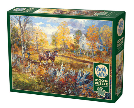Casse-tête Cobble Hill “Nouveau départ” de 1000 pièces représentant une scène de ferme automnale avec chevaux, chien et champs labourés, œuvre de Peter Etril Snyder.
