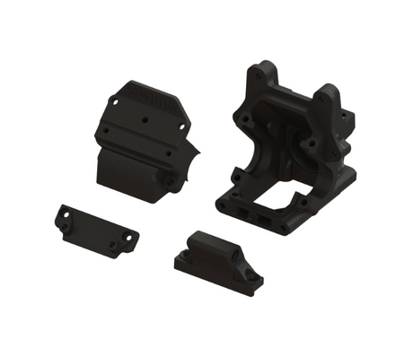 ARA-1520 ensemble de boîtier de transmission HD officiel ARRMA en composite haute résistance avec douille d'entrée en acier. Comprend le boîtier principal, le couvercle, le support arrière et la retenue de barre antiroulis pour une réparation fiable.