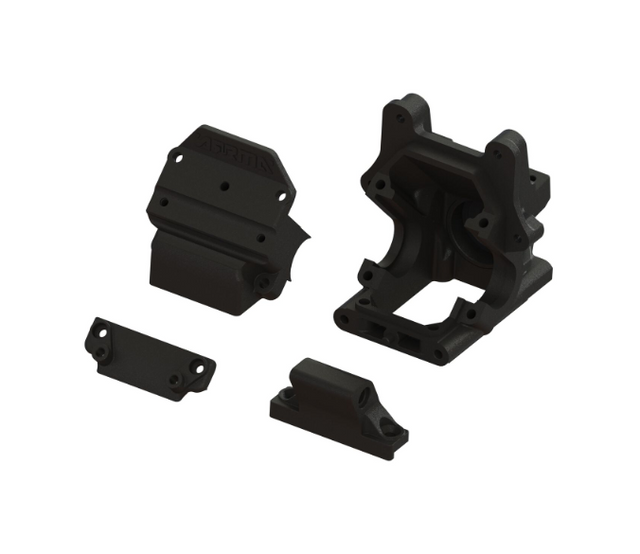 ARA-1520 ensemble de boîtier de transmission HD officiel ARRMA en composite haute résistance avec douille d'entrée en acier. Comprend le boîtier principal, le couvercle, le support arrière et la retenue de barre antiroulis pour une réparation fiable.