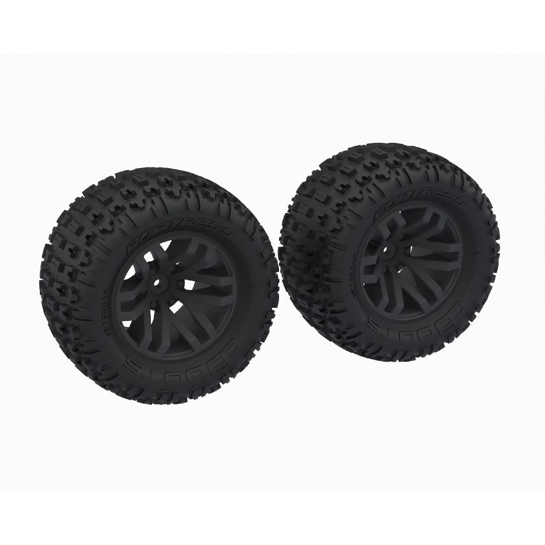 ARA-1608 ensemble de 2 pneus ARRMA dBoots Fortress MT montés et collés avec jantes noires 2.8 po, hexagone de 14 mm et inserts en mousse haute qualité. Excellente adhérence sur tous les terrains et installation immédiate.