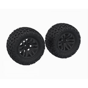 ARA-1608 ensemble de 2 pneus ARRMA dBoots Fortress MT montés et collés avec jantes noires 2.8 po, hexagone de 14 mm et inserts en mousse haute qualité. Excellente adhérence sur tous les terrains et installation immédiate.