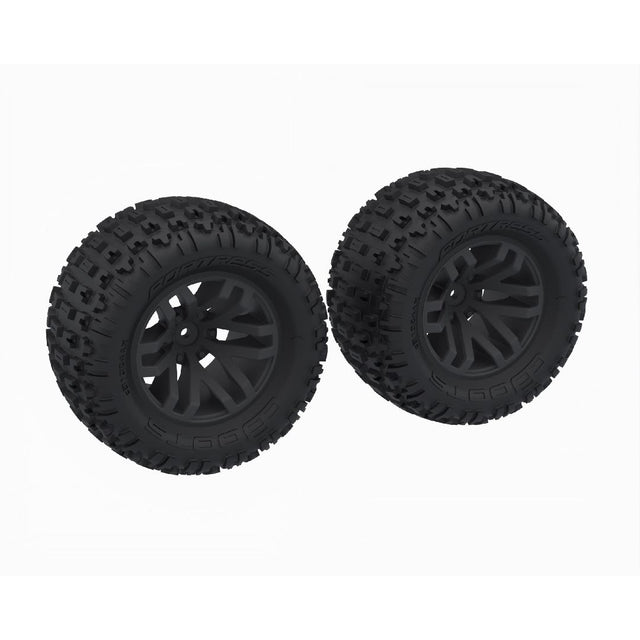 ARA-1608 ensemble de 2 pneus ARRMA dBoots Fortress MT montés et collés avec jantes noires 2.8 po, hexagone de 14 mm et inserts en mousse haute qualité. Excellente adhérence sur tous les terrains et installation immédiate.