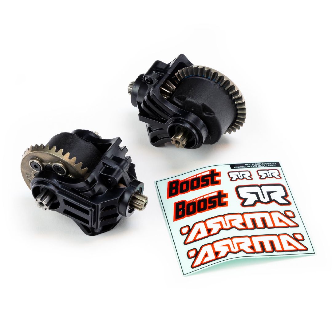 ARA210007 ensemble officiel ARRMA comprenant deux différentiels avant et arrière entièrement métalliques. Mise à niveau BOOST BOX prête à installer pour renforcer la transmission des modèles ARRMA BOOST, MEGA et 3S BLX compatibles.