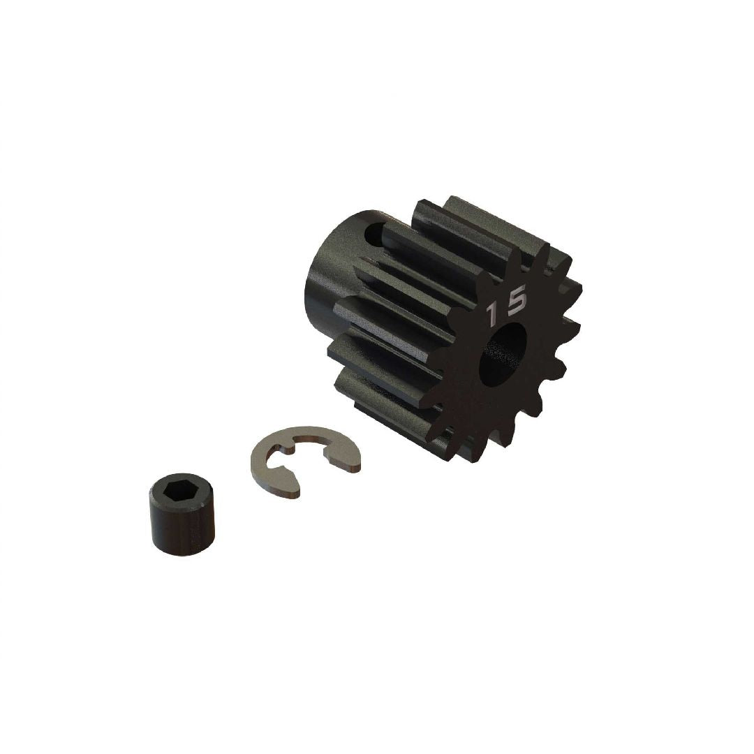 ARA310962 pignon moteur ARRMA 15 dents HD Mod1 Safe-D5 en acier durable pour arbre moteur 5 mm. Comprend vis M4 x 4 mm et E-clip pour une installation fiable sur véhicules RC compatibles.