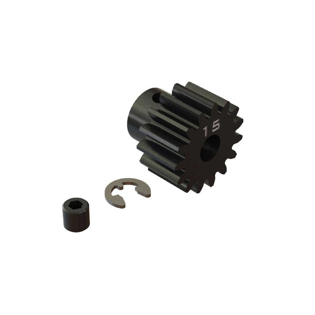 ARA310962 pignon moteur ARRMA 15 dents HD Mod1 Safe-D5 en acier durable pour arbre moteur 5 mm. Comprend vis M4 x 4 mm et E-clip pour une installation fiable sur véhicules RC compatibles.