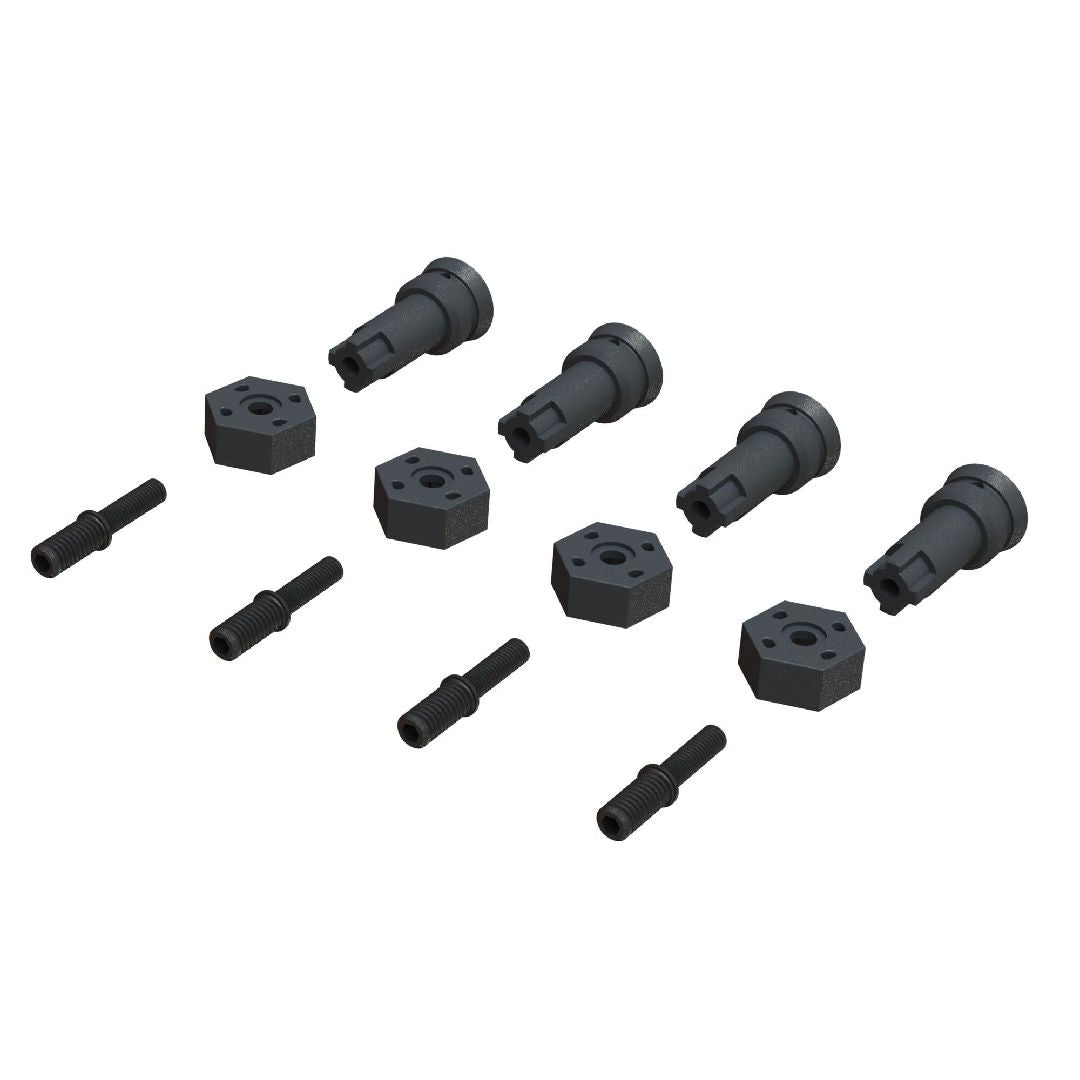ARA311178 ensemble axes de roue et moyeux ARRMA acier/composite, remplacement OEM. Typhon, Kraton, Notorious, Outcast 6S BLX. Univers RcLoisirs.