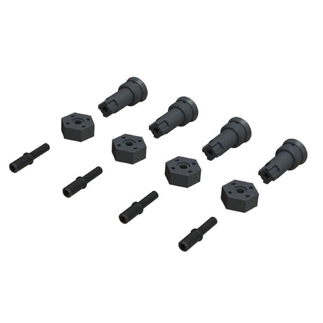 ARA311178 ensemble axes de roue et moyeux ARRMA acier/composite, remplacement OEM. Typhon, Kraton, Notorious, Outcast 6S BLX. Univers RcLoisirs.