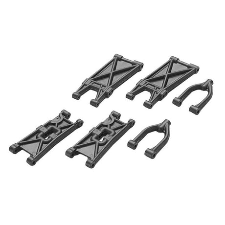 ARAC9038 ensemble de bras de suspension ARRMA en composite robuste pour buggy, concu comme remplacement direct des pieces d'origine sur les modeles compatibles.