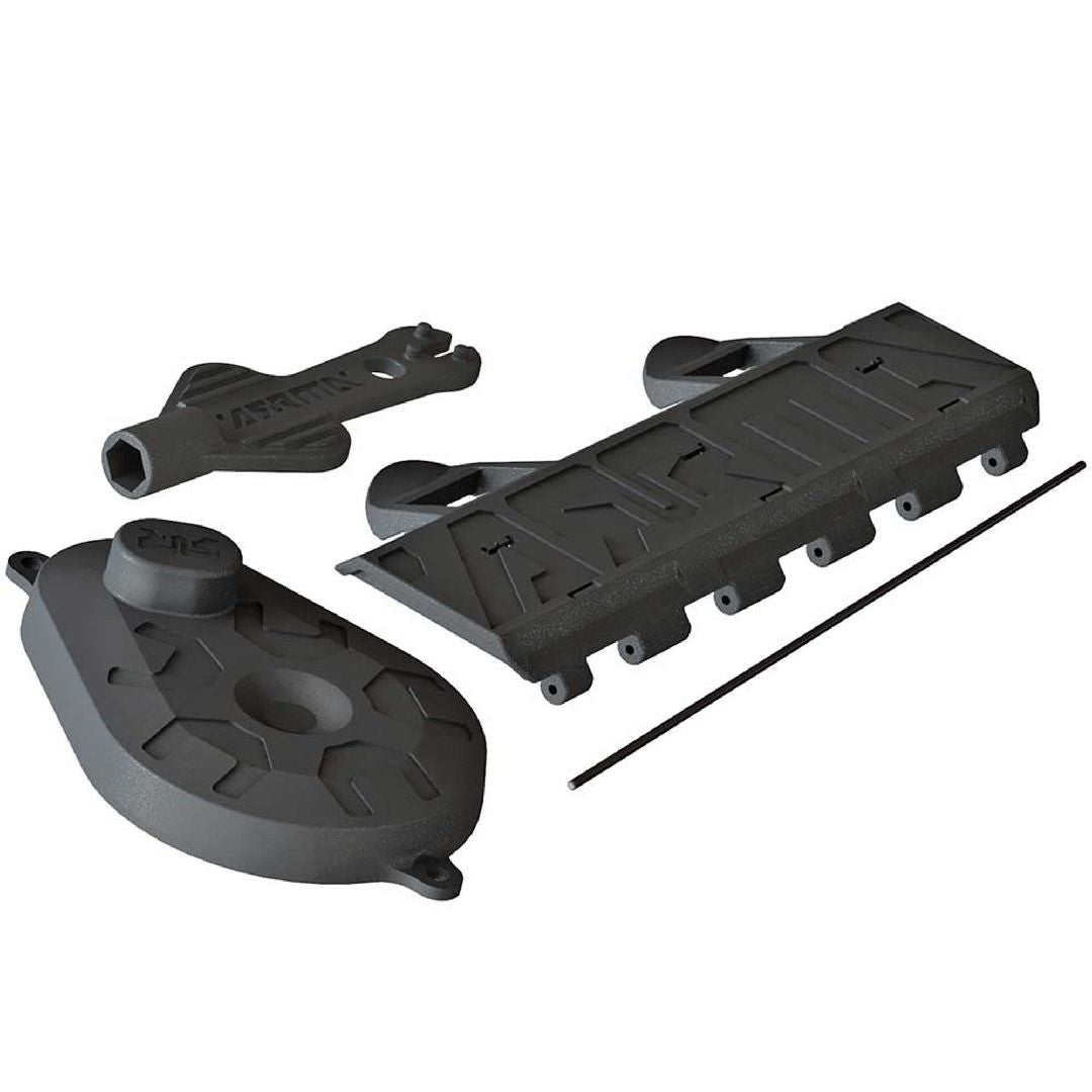 ARAC9352 ensemble ARRMA Voltage avec porte de batterie, couvercle d'engrenage et outil d'amortisseur. Pieces de remplacement d'origine.