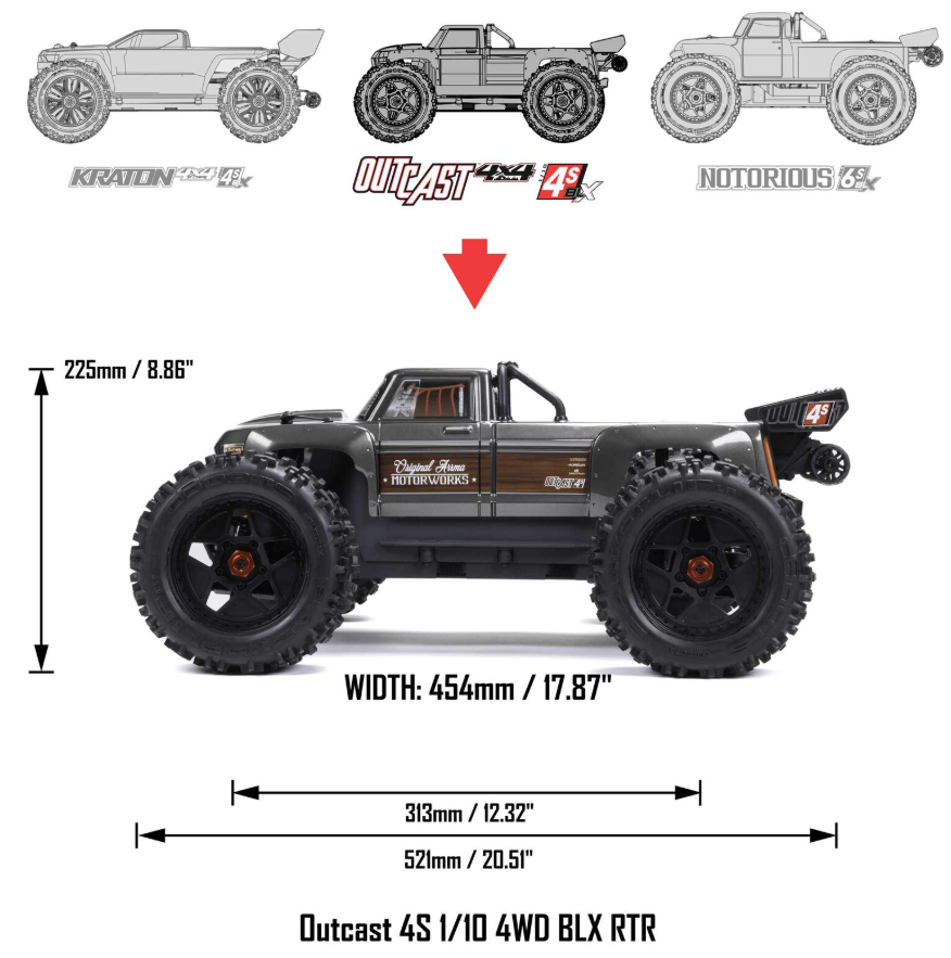 ARRMA ARA4410V2 – Outcast 4S – Monster Stunt Truck 1/10 RTR 4WD – Univers RcLoisirs