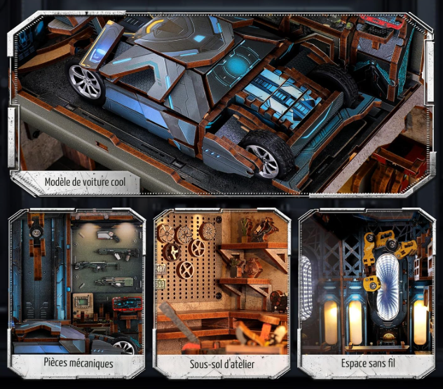 Atelier automobile – Book Nook 3D en bois – Éclairage LED - Univers RcLoisirs