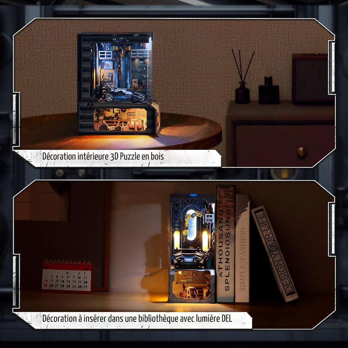Atelier automobile – Book Nook 3D en bois – Éclairage LED - Univers RcLoisirs