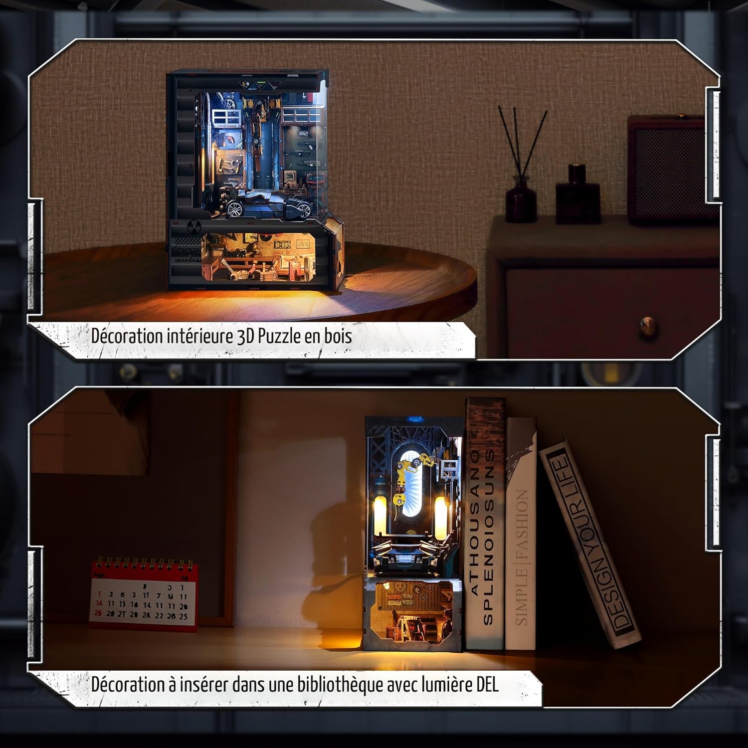 Atelier automobile – Book Nook 3D en bois – Éclairage LED - Univers RcLoisirs